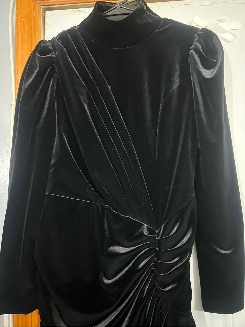 Anthropologie O.P.T. Black Velvet Long-Sleeve Ruched High-Neck Dress Size XS